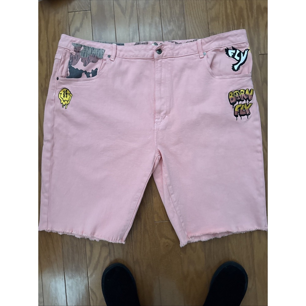 Born Fly Salmon Denim Shorts 48 Baggy Jorts Patchwork Y2K Streetwear Skater NWOT